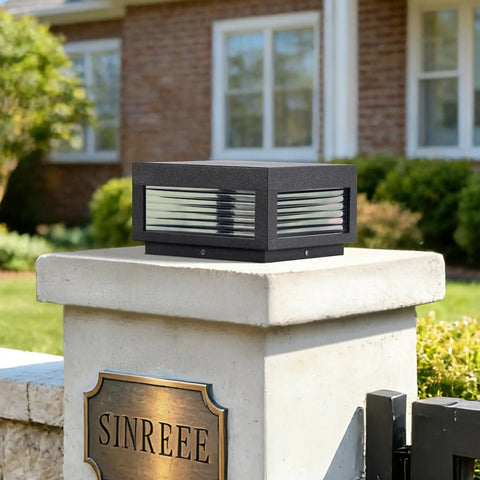 Outdoor LED Post Light With Square Lantern Style, 9.84 Inch Hardwired Aluminum Glass Post Lamp for Garden on stone column