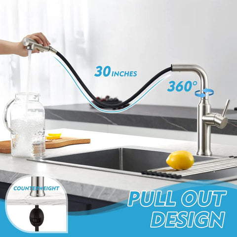 Kitchen Faucets With Pull Down Sprayer And Magnetic Docking In Brushed Nickel For Bar Sinks And RV Installations, extended spray
