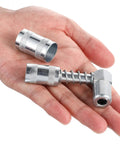 Hand holding parts of 4 Piece 90 Degree Grease Gun Coupler Set With 3 Jaw Angle Fittings And Sleeves Spring Loaded Quick Connect Adapters