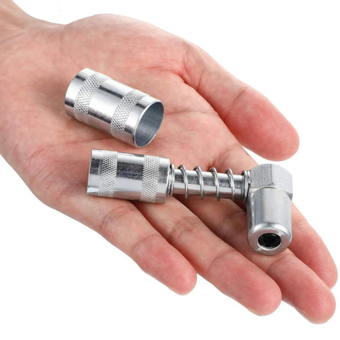 Hand holding parts of 4 Piece 90 Degree Grease Gun Coupler Set With 3 Jaw Angle Fittings And Sleeves Spring Loaded Quick Connect Adapters