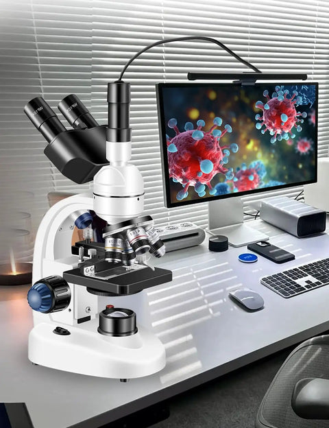Trinocular Compound Microscope 40X-5000X Magnification For Adults With Dual Mechanical Stage And HD USB Camera Pro Grade Stereo Microscope With Wide Field Eyepieces Digital Eyepiece And Precision Optics For Research And Education on lab desk