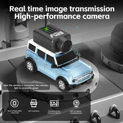 WLtoys 1 To 64 Scale Mini RC Car With 720P HD FPV Camera, blue vehicle with camera attachment on rotating platform
