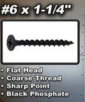 #6 x 1-1/4 inch Heavy Duty Boss Grade Drywall Screws 500 Pack coarse thread black phosphate for wood stud fastening.