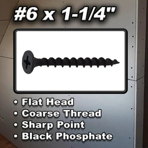 #6 x 1-1/4 inch Heavy Duty Boss Grade Drywall Screws 500 Pack coarse thread black phosphate for wood stud fastening.