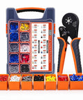 All In One Ferrule Crimping Kit With Self Adjusting Ratchet Crimper Includes 1300 Ferrules 950 Single 350 Twin For Automotive RV Marine And DIY Electrical Projects Pro Grade Heavy Duty Wire Ferrule Set showing crimper and colorful ferrules in a case and bins