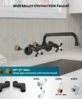 Wall Mount Kitchen Sink Faucet With Double Cross Handles, 360 Degree Rotatable Spout, 8 Inch Reach, 6 Inch Center Hole