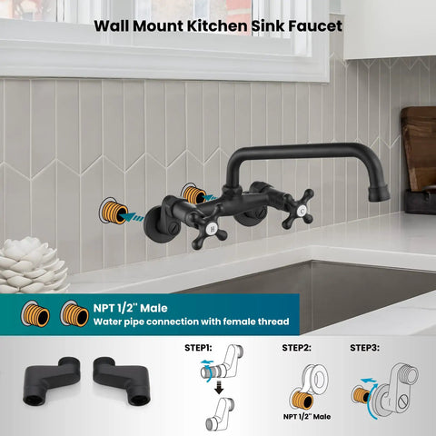 Wall Mount Kitchen Sink Faucet With Double Cross Handles, 360 Degree Rotatable Spout, 8 Inch Reach, 6 Inch Center Hole