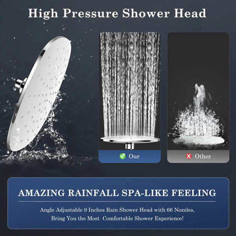9 Inch Adjustable Rain Shower Head and High Pressure Handheld Spray Combo showing water flow comparison.