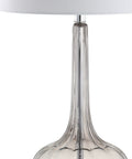 Smoke Gray Glass Teardrop LED Table Lamps Set of 2, 28.5-Inch Tall with White Linen Shade, close-up of glass base detail