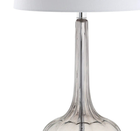 Smoke Gray Glass Teardrop LED Table Lamps Set of 2, 28.5-Inch Tall with White Linen Shade, close-up of glass base detail