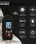 Pro Grade Digital Sound Level Meter With Backlit Display 30 To 130 dB Range 0.1 dB Resolution Plus Minus 1.5 dB Accuracy A Weighting 31.5 Hz To 8 kHz Response Fast Slow Max Min Hold Portable Noise Meter For Home Theater Office Studio, black handheld 16cm meter