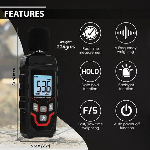 Pro Grade Digital Sound Level Meter With Backlit Display 30 To 130 dB Range 0.1 dB Resolution Plus Minus 1.5 dB Accuracy A Weighting 31.5 Hz To 8 kHz Response Fast Slow Max Min Hold Portable Noise Meter For Home Theater Office Studio, black handheld 16cm meter