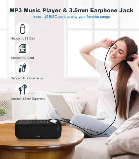 Bluetooth Speaker With FM Radio And 5 In 1 Music Player Bluetooth Streaming USB SD Card MP3 AUX on table with woman enjoying music