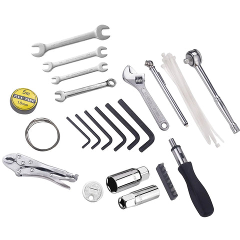 Compact Motorcycle Repair Tool Kit For Harley Davidson Riders with open end wrenches, pliers, screwdrivers, sockets, and bits