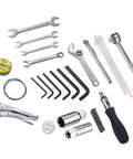 Compact Motorcycle Repair Tool Kit For DIY Bike Maintenance with wrenches, locking pliers, ratchet, spark plug sockets, and tape
