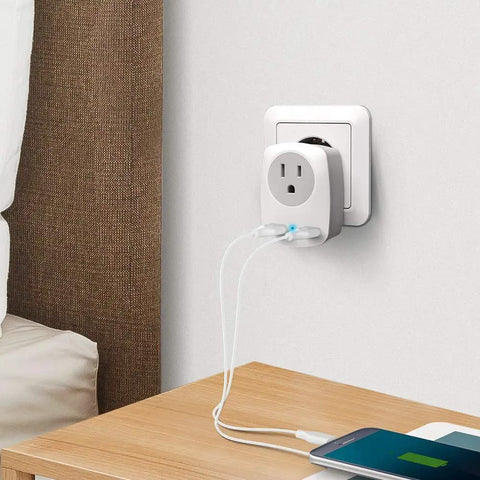 Europe Travel Plug Adapter With USB C Port Not For UK Wall Charger in use on a white wall, charging a smartphone.