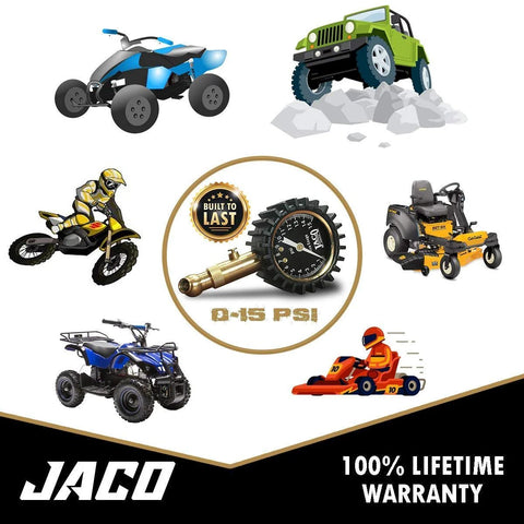 Close-up of JACO Elite low-pressure tire gauge with circular dial showing 15 PSI.