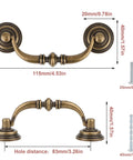 Antique Drop Bail Drawer Pulls Set Of Four In Bronzed Finish, shown with size dimensions and screws, shabby chic style for furniture.