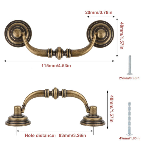 Antique Drop Bail Drawer Pulls Set Of Four In Bronzed Finish, shown with size dimensions and screws, shabby chic style for furniture.