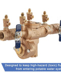 Lead Free Bronze Reduced Pressure Zone Backflow Preventer Assembly Three Quarter Inch With Quarter Turn Shutoff Tamper Resistant Handles Top Mounted Test Cocks And Spring Loaded Check Valves For Water Line And Irrigation System 175 PSI, angled view