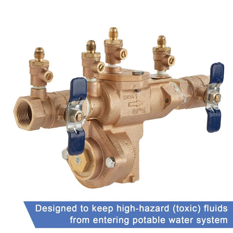 Lead Free Bronze Reduced Pressure Zone Backflow Preventer Assembly Three Quarter Inch With Quarter Turn Shutoff Tamper Resistant Handles Top Mounted Test Cocks And Spring Loaded Check Valves For Water Line And Irrigation System 175 PSI, angled view