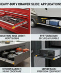Heavy Duty Locking Drawer Slides 500 Pound Full Extension With Two Way Lock In Lock Out For Secure Transit In RVs Trucks Trailers And Mechanical Cabinets installed in tool chest, RV bay, kitchen cabinet, and server rack