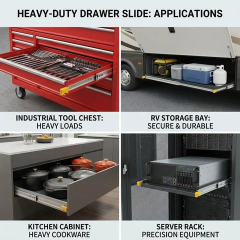 Heavy Duty Locking Drawer Slides 500 Pound Full Extension With Two Way Lock In Lock Out For Secure Transit In RVs Trucks Trailers And Mechanical Cabinets installed in tool chest, RV bay, kitchen cabinet, and server rack