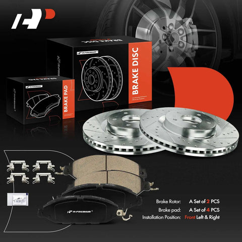 12.6 Inch Front Drilled And Slotted Disc Brake Rotors With Ceramic Pads Kit Beefed Up 6 Piece Set, packaging and components