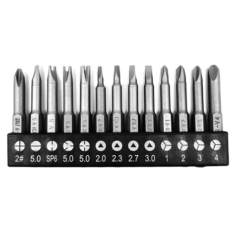 Heavy Duty 13 Piece Special Shape Screwdriver Insert Bit Set With Phillips Slotted Spanner Y Style Triangle And Inner Cross Heads No Fuss Cr V Steel mounted on a black base.