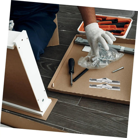 Installation of 4 Pack 90 Degree Folding Cabinet Door Hinges for Corner Cabinets with tools on a wooden floor