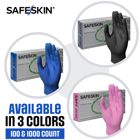 SAFESKIN ultralight disposable nitrile gloves in blue, black, and pink; 100-count boxes; powder-free, latex-free.