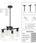 Sleek Modern Black Four Light Farmhouse Chandelier Featuring Crisp Cylindrical Glass Shades Fully Adjustable Height with dimensions and installation details.
