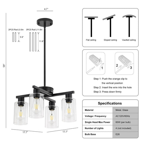 Sleek Modern Black Four Light Farmhouse Chandelier Featuring Crisp Cylindrical Glass Shades Fully Adjustable Height with dimensions and installation details.