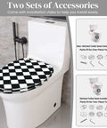 Toilet Seat Elongated Quiet Close for Bathroom on a modern toilet with black and white checkered design, installation accessories shown.