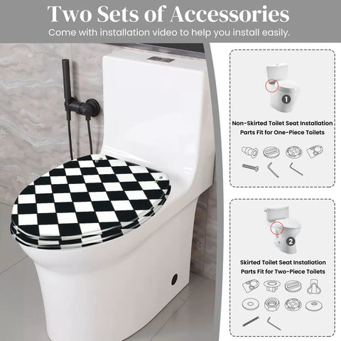 Toilet Seat Elongated Quiet Close for Bathroom on a modern toilet with black and white checkered design, installation accessories shown.