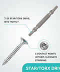 Hella Durable Wood Screws Six By One Inch Torx Star Drive Deck Fasteners Flat Head Self Tapping Carbon Steel Galvanized T10 Bits visible with T-25 bit.
