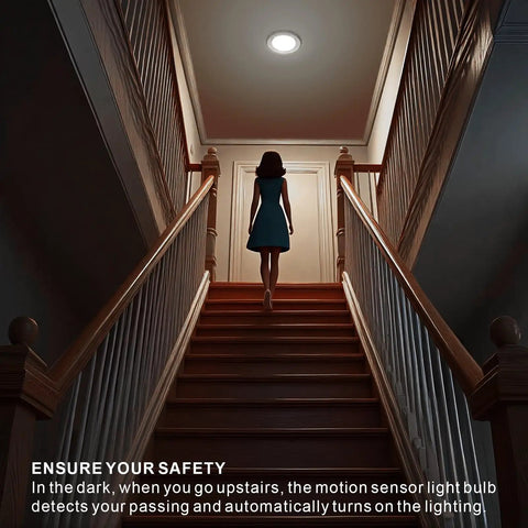 Indoor Motion Sensor Light Bulb A19 E26 13W Equal To 100W Daylight 5800K Dusk To Dawn Security Night Light With PIR Motion Detector No Fuss Auto On When Motion Is Detected Easy Install 5 Pack, lit staircase