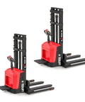Rock Solid Electric Walkie Pallet Stacker And Integrated Stand crushes 3300 lb loads, featuring adjustable forks and compact design.