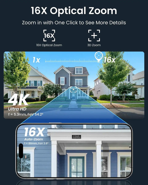 Image showing 16X optical and 3D zoom capability of 4K UHD PTZ Security Camera With 16X Optical Zoom And 3D Zoom Color Night Vision With Spotlight