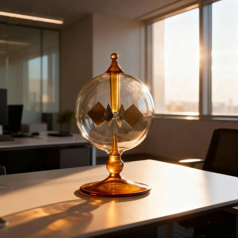 Orange Solar Powered Crookes Radiometer Glass Windmill Desk Ornament Sun Driven Spinning Vane Decor For Home Office Vacuum Glass Bulb Science Gift That Whirls Faster In Bright Light A Cool Modern Conversation Starter on office desk.