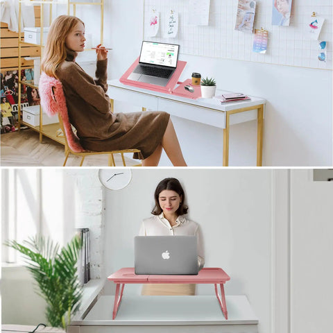 Woman using Multiuse Bed Lap Desk With Tilted Angles For Laptops Foldable Portable Bed Table candy pink for writing and laptop work.