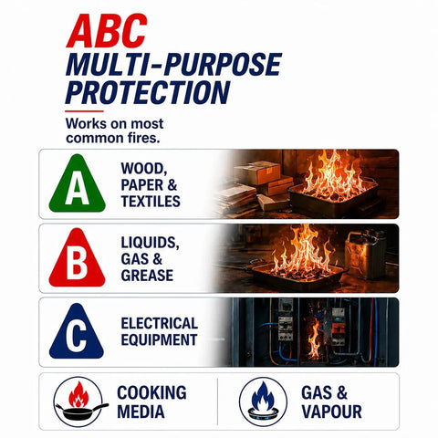 ABC multi-purpose protection chart showing uses for wood, paper, textiles, liquids, gas, grease, and electrical equipment fires.