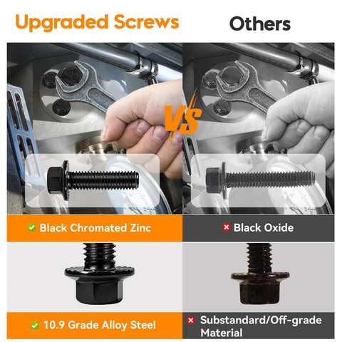 Comparison of upgraded 10.9 grade alloy steel screws with black chromated zinc vs substandard black oxide material for DIY projects.