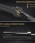 Detailed view of 2 Inch EZ Curl Bar with 85 lb plates showing brass bushing, ball bearing, rust resistance, Olympic design