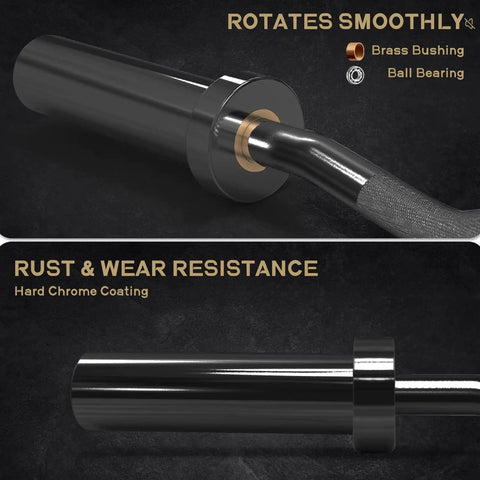 Detailed view of 2 Inch EZ Curl Bar with 85 lb plates showing brass bushing, ball bearing, rust resistance, Olympic design