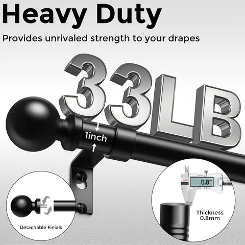 36-91 Inch Black Adjustable Curtain Rod 1 Inch Heavy Duty Telescoping Drapery Pole with 33LB capacity shown