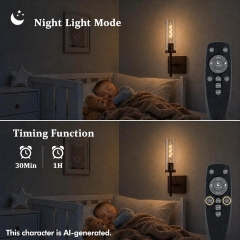 Kwinmyso Wireless 3CCT Wall Sconce Battery Operated Dimmable Wall Light in night mode with a child sleeping nearby.