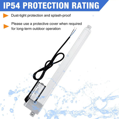 12V High Speed Linear Actuator With 4 Inch Stroke featuring IP54 waterproof rating and wiring details for smart home applications
