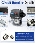 Heavy Duty 50 Amp Circuit Breaker With Manual Reset Switch 12 To 48 Volt Dc Overload Protection Battery Disconnect Switch close-up of rugged housing and control interface.
