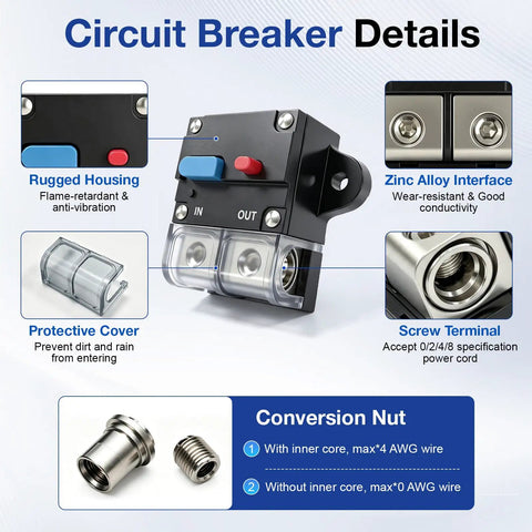 Heavy Duty 50 Amp Circuit Breaker With Manual Reset Switch 12 To 48 Volt Dc Overload Protection Battery Disconnect Switch close-up of rugged housing and control interface.